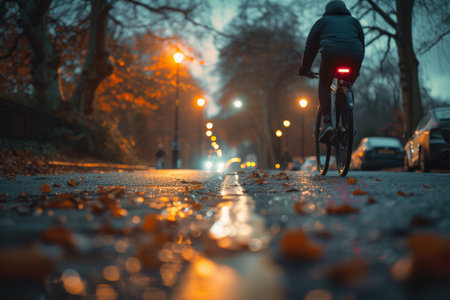 Biker, man riding a bicycle on a road in evening, activity save energy.の素材