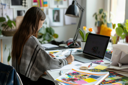 designer desk, female fashion designer sketching idea on paper at desk.の素材
