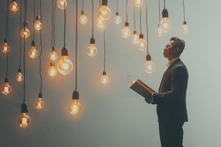 Portrait of man reading book and a light bulb, reading books for inspiration or looking for ideas.の素材