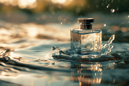Perfume mock up, Clear Perfume glass bottle on the flowing water mock up banner.の素材