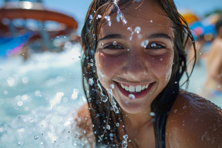 Activity in summer, Portrait of Happy kid in the pool at Water Park, Summer and holidays.の素材