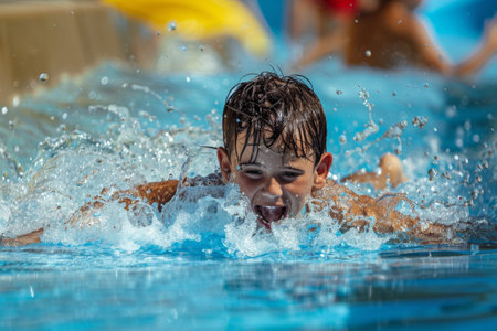 Activity in summer, Portrait of Happy kid in the pool at Water Park, Summer and holidays.の素材