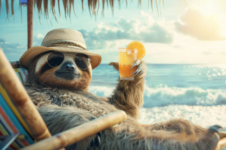 a crazy sloth lies chilled by the sea with a sun hat and a drink in his hand, summer vacation.の素材