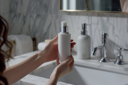 Package design cosmetic mockup, The woman's hands picking up a white blank bottle of the hair cream.の素材