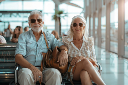 travel concept, portrait of Happy senior couple waiting on the airport, traveling to their vacation.の素材