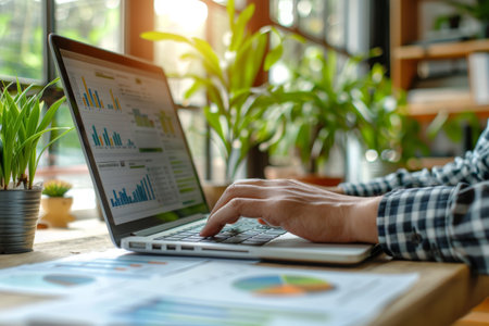 person's hands typing on a laptop keyboard with graph screen at modern cafe, business background.の素材