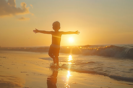 happy kids playing on beach at the sunrise time, Children silhouettes on beach, summer vacation.の素材