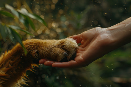 Dog paw in human hands with nature background, Shake a Paw, Take care of animals.の素材