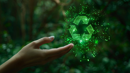 Recycling symbol and Environmental recycle reduce reuse, Hand of human touching the recycling symbol.の素材