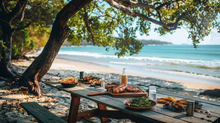 beachside dining setup with seafood on a wooden camping table in summer.の素材