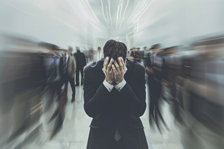 Abstract photo of job anxiety, head in hands, for background banner or wallpaper.の素材