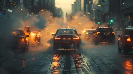 combustion fumes coming out of car exhaust pipe, exhaust fumes come out of the car on the road.の素材