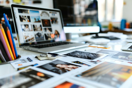Work space of photographer, Photographer working desk with laptop, Modern Arts And Creative Concept.の素材