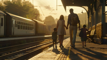 Family on platform of railway train station, Family vacation, Family travel trip.の素材