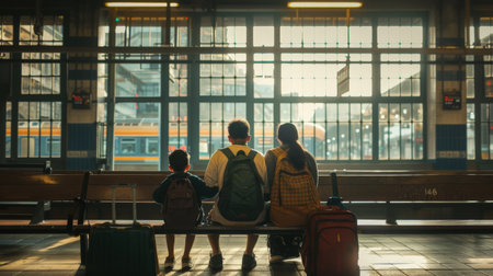 Family on platform of railway train station, Family vacation, Family travel trip.の素材