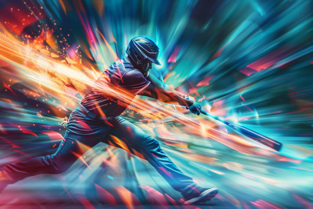 Abstract background of Baseball Player on Dynamic stride vibrant Light, energy and motion.の素材