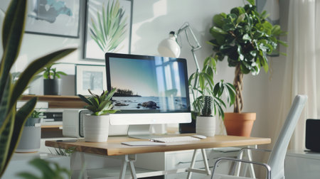 A minimalist home office setup, A workspace of designer minimalist.の素材