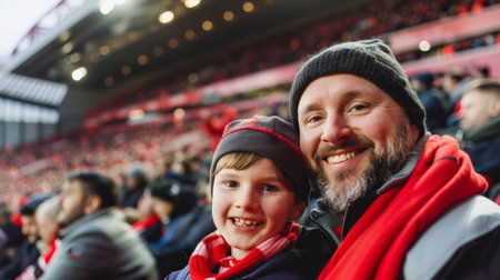 Father and son cheering in football stadium, relationship concept, football supporters.の素材
