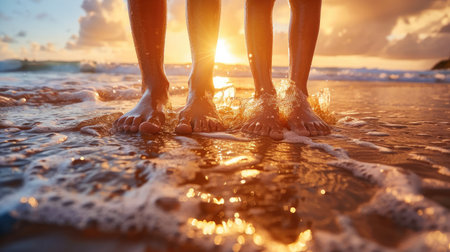 Close up of a kids feet lined up on a sunlit beach, family travel trip, family vacation.の素材