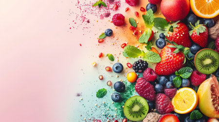 Healthy eating and diet concepts. Top view of spring salad on color background.の素材