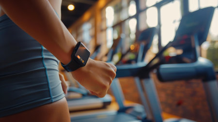 A person wearing a smart health tracker in gym, Fitness smartwatch in use, technology meets health.の素材