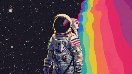 Abstract wallpaper of an astronaut in space with rainbow, Colorful art of astronaut in the space.の素材