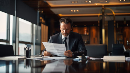 Businessman reading documents in office, analyzing documents at workplace, Manager checking report.の素材