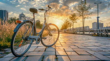 bicycle in modern cityscape background, healthy and environmentally friendly form of transport.の素材