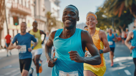 group of marathon runners, sport and activity background or banner poster.の素材