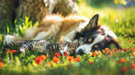 dog and kitten lying closely together in the grass and flower under the tree with sunlit on summer.の素材