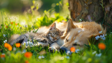 dog and kitten lying closely together in the grass and flower under the tree with sunlit on summer.の素材