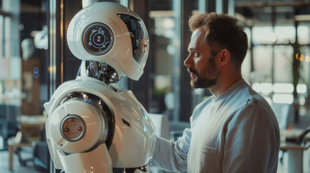 people talking with robot, Working together in the future with robots, Friendship of the future.の素材