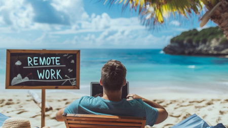 a man working from the beach on his laptop, Remote work concept, Digital Nomad concept.の素材