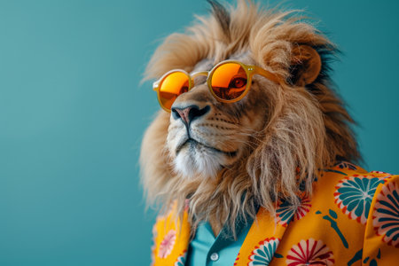 Portrait of a lion wearing sunglasses and a jacket on a blue backgroundの素材
