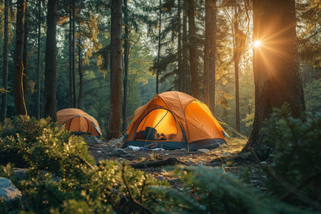 Travel and camping adventure lifestyle with outdoor tent, summer activity, family vacation.の素材