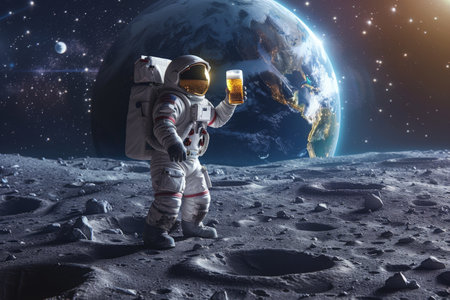 astronaut standing to holding beer in moon and the big earth is background.の素材