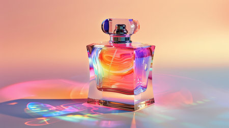 A bottle of perfume with a rainbow colored, The bottle is colorful and has a unique design.の素材