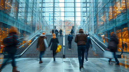 A group of people are walking up a set of stairs in a busy city, blur motion.の素材