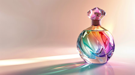 A bottle of perfume with a rainbow colored, The bottle is colorful and has a unique design.の素材