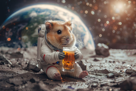 Hamster wear astronaut suit standing to holding beer in moon and the big earth is background.の素材