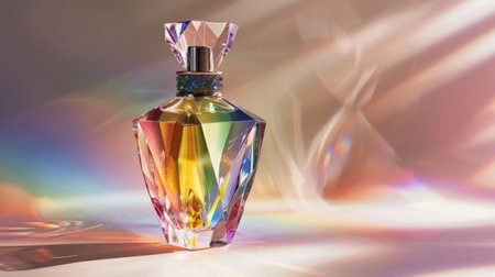 A bottle of perfume with a rainbow colored, The bottle is colorful and has a unique design.の素材