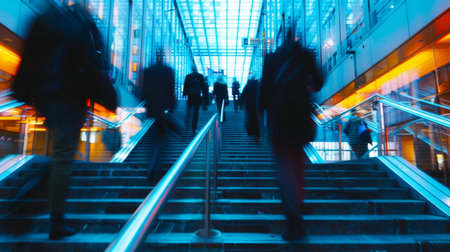 A group of people are walking up a set of stairs in a busy city, blur motion.の素材