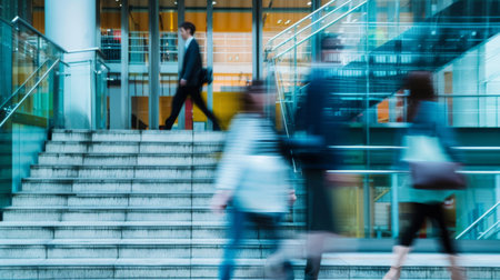 A group of people are walking up a set of stairs in a busy city, blur motion.の素材