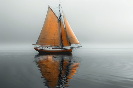 Sailboat in the fog on the lake. 3d renderingの素材