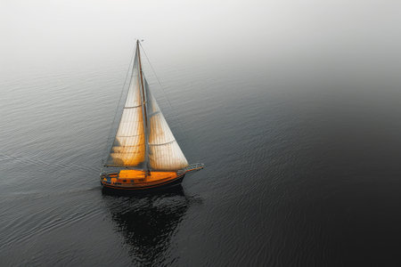 Sailing boat on the sea in a foggy day. View from above.の素材
