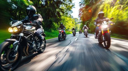 a group of motorcycle riding on the road together, speeding and overtaking, summer activity.の素材