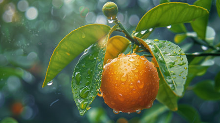 Close up of a wet oranges on a branch with green leaves on tree, Orange garden.の素材