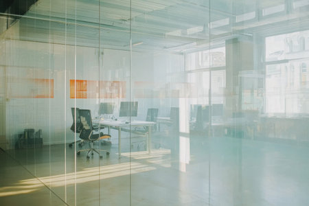 A bright and modern office environment with glass walls, perfect for creative brainstorming and team collaboration. Designed for innovation and productivity.の素材