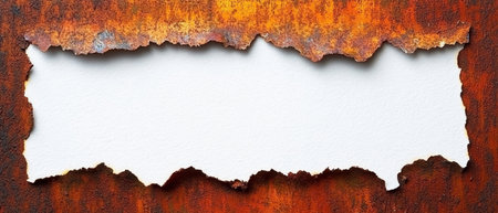 This abstract image features a corroded metal background with a ripped paper edge, perfect for design and art projects needing a weathered vintage touch.の素材