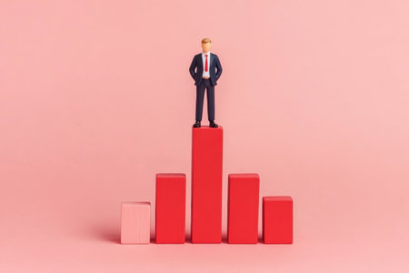 A businessman confidently stands on top of a vibrant bar graph, symbolizing success and growth in a creative and imaginative setting against a pink background.の素材